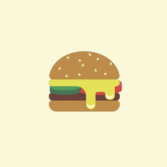 Vector illustration of a burger. Delicious cheeseburger. A color icon, logo or sticker for your cafe menu, restaurant, bar, website, promotional items.