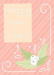 Background of Christmas holidays. The text in the frame of the postage stamp Happy New Year. A design element for Christmas and New Year cards, banners. White berries in green leaves