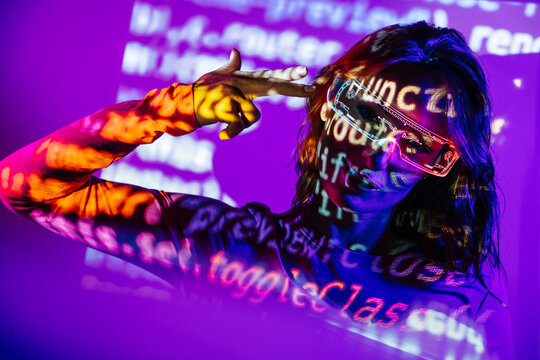 Stylish Young Woman In projector Lights with html code