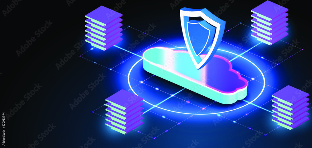 Poster network data security isometric. online server protection system concept with data center or blockch