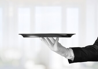 Portrait of Waiter or Butler in White Gloves Holding a Tray