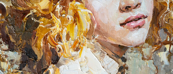 Fragment of art painting. Portrait of a girl with blond hair is made in a classic style. .A woman's face with red lips.