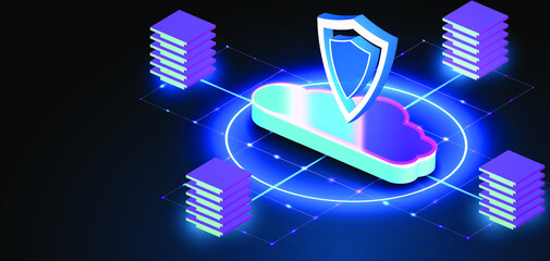 Network data security isometric. Online server protection system concept with data center or blockchain. Cyber security, data protection, cyberattacks concept on blue background. Database security