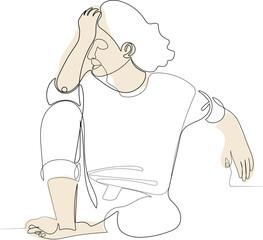 Exhausted frustrated young woman touching forehead, sitting on couch alone, suffering from strong headache or migraine, worried girl thinking about problems . Vector illustration