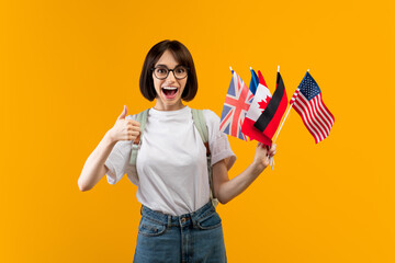 Recommending foreign language school. Excited lady showing bunch of diverse flags and thumb up,...