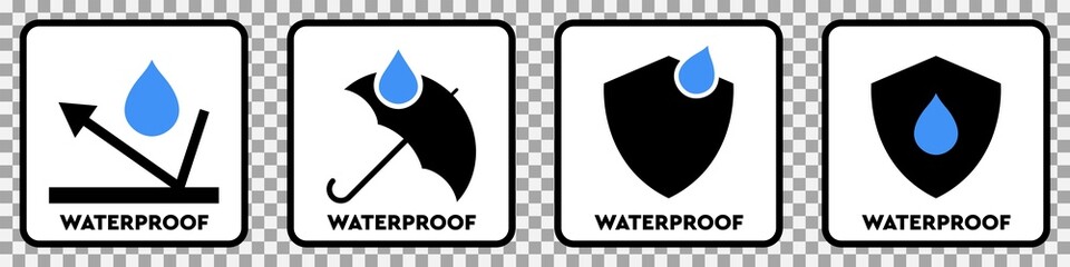 Waterproof Icons. Moisture resistant stickers. Vector isolated on transparent background
