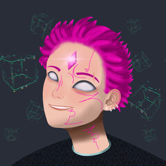 funny unusual guy with strange eyes and pink hair on his head and a jewel in his forehead