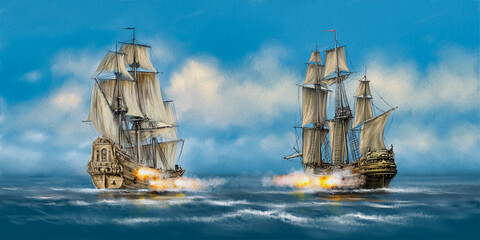 Naval battle, batleship. Old ships on the sea. Digital watercolor paintings sea landscape. Fine art, artwork © yaroslavartist
