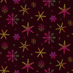 Rainbow snowflakes seamless pattern on dark background. Great for Christmas greeting cards, gift wrapping paper, home décor, textile  and wallpaper. 