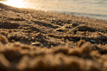 close-up photo, macro, beach sand in sunset afternoon