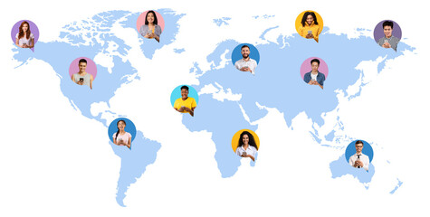 Portraits Of Diverse Multiethnic People With Smartphones Layered On World Map