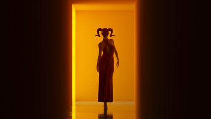 Halloween Female Red Witch Witchcraft Demon Woman in a Skull Mask Orange Corridor with a Polished Floor Creepy Woman Evil Ghostly Figure 3d illustration render	