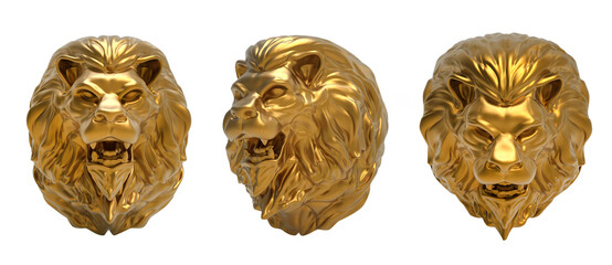 3d render illustration of golden metal lion head in different angles. © breakermaximus