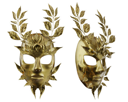 Isolated 3d render illustration of female nature nymph goddess golden mask with leafs, carnival concept.