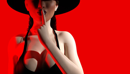 3d render illustration of sexy noir lady in black dress and hat showing silence gesture on red colored background.