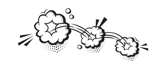Comic speed cloud vector. Catroon motion puff effect explosion bubble, jumps with smoke or dust. Retro illustration isolated on white background in pop art style