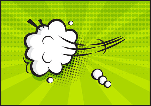 Comic speed vector balloon icon. Catroon motion puff effect explosion cloud, jumps with smoke or dust. Retro illustration on green background in pop art style