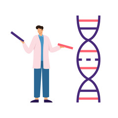 Man scientist in white coat holding pieces of DNA in his hands, trying to build it. Science lab people concept. Chemistry, biology, medical lab research character. Isolated vector stock illustration