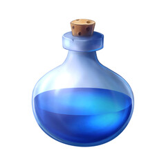 Glass transparent bottle with blue water. Cartoon game icon of magic bottle. Chemistry symbol. Vector tracing isolated on white background EPS10