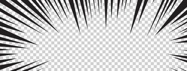 Obraz premium Comic manga effect transparent vector background, black speed radial line frame, zoom abstract pattern, black ray explosion. Superhero striped illustration