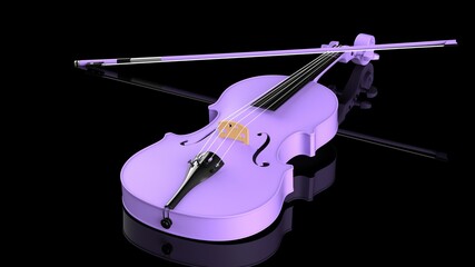 Purple-Gold classic violin on black plate under spot lighting background. 3D sketch design and illustration. 3D high quality rendering.