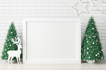 Mockup poster photo frame with christmas decoration. 