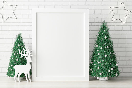 Mockup poster photo frame with christmas decoration. 