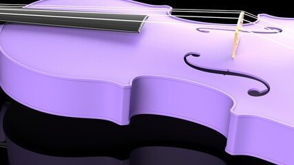 Purple-Gold classic violin on black plate under spot lighting background. 3D sketch design and illustration. 3D high quality rendering.