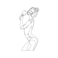 Nude woman with glass of wine in hand, one line drawing on white isolated background. Vector illustration	