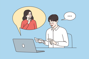 Online business communication and chat concept. Young people man and woman colleagues chatting online on laptop for work vector illustration 