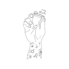 Zero waste concept. Menstrual cups in female hands with tattoos.Ecological protection for women on critical days.Vector illustration of feminine hygiene product drawn in outline continuous style 