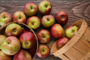 Freshly picked Macoun Apples in baskets on a wooden counter