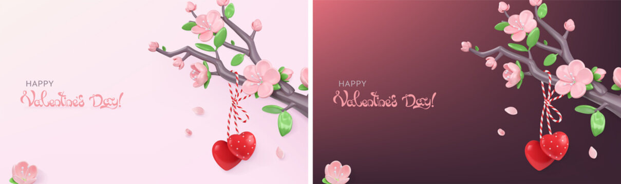 Valentines day poster. Two hearts and flowering tree branch. 3d vector render illustration