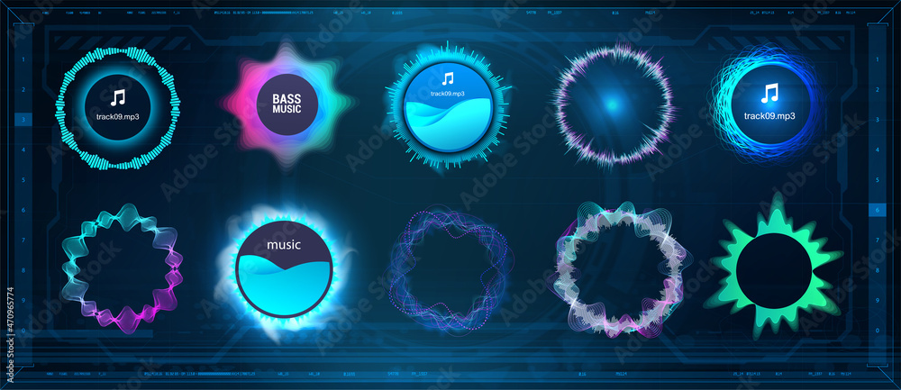 Poster Voice signal wave, circle sound, voice, signal equalizer. Frequency audio waveform, music circle waves and voice graph signal in HUD and futuristic style for WEB, UI. Hi-tech flow equalizers. Vector