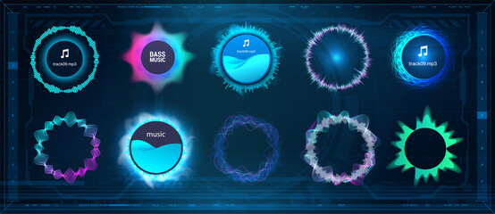 Voice signal wave, circle sound, voice, signal equalizer. Frequency audio waveform, music circle waves and voice graph signal in HUD and futuristic style for WEB, UI. Hi-tech flow equalizers. Vector