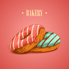 Delicious donuts. Vector illustration of colorful glazed donuts with chocolate stripes supplemented with text BAKERY. Cafe poster, bakery signboard, menu page, flyer, banner, ad, social media post