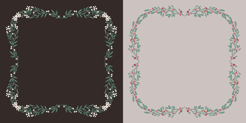 Kwadratowe zimowe ramki w prostym stylu. Botaniczne wzory z gałązkami jemioły i jagodami. Do wykorzystania na zaproszenia, świąteczne życzenia, kartki z okazji Bożego Narodzenia lub Nowego Roku.