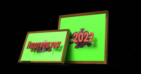 3D illustration of a wooden picture frame with green paper and the inscription happy new year 2022 and the virus logo
