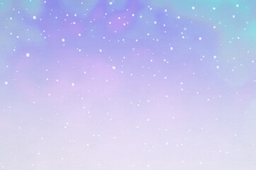Pastel colored gradient background with snowflakes. Watercolor hand drawn illustration on washi paper texture.