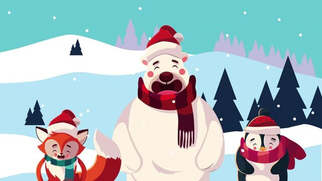 merry christmas animation with animals in snowscape