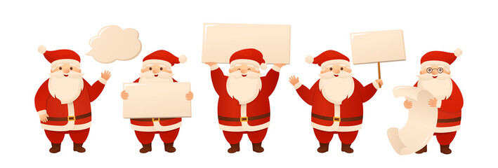 Christmas Santa Claus holding blank sign board copy space. Funny character and advertisement banner set. Happy New Year congratulation or sale, blank banner. Design xmas mockup or postcard vector