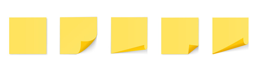 Fold blank paper sheet. Realistic set stick note isolated on transparent background. Yellow color. Post-it notes collection with shadow...