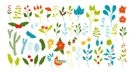 Christmas branch plant set. Laurel and leaf, poinsettia holly, berry, fir pine cone winter festive collection. New year and xmas doodle botanical vintage greeting card, textile, fabric, posters