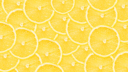 Lemon slices background. Yellow fruit cut texture. Citrus section pattern. Vibrant color summer design. Flat panoramic backdrop.