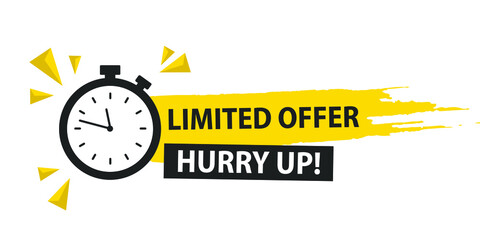 Modern Yellow Banner Limited Offer, Hurry Up Tag With Stop Watch. Vector Web Element.
