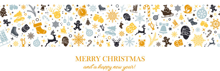 Merry christmas card with christmas icons banner illustration vector design