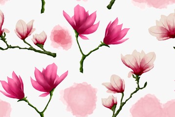 Seamless floral pattern with magnolies in watercolor style