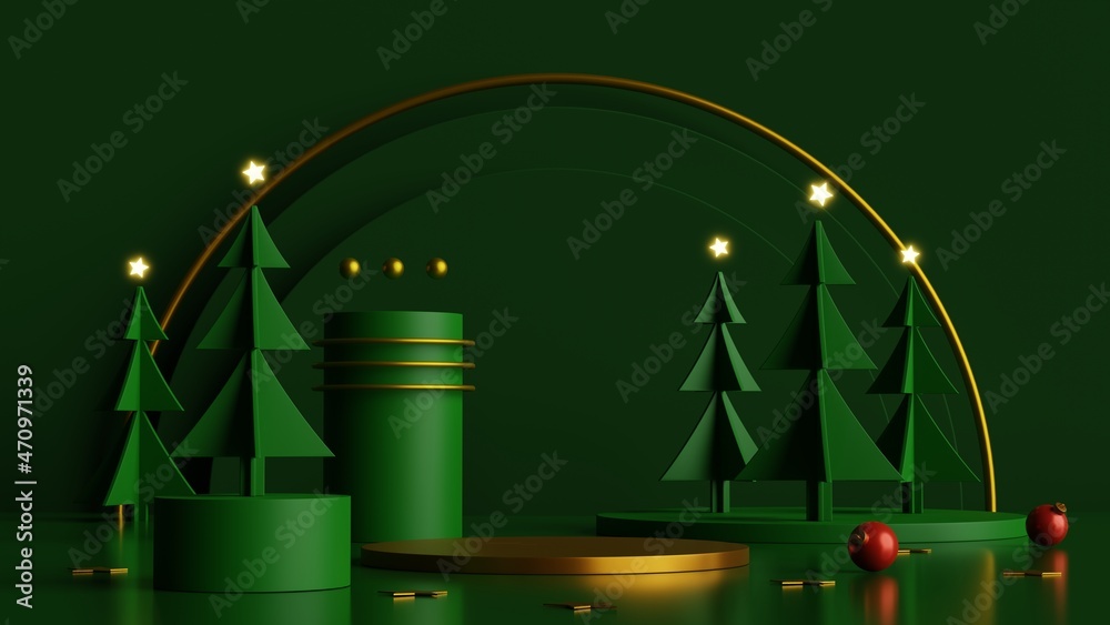 Poster Minimal scene with geometric shape and pine trees on midnight green background.Merry christmas and happy new year presentation.3d rendering illustration.