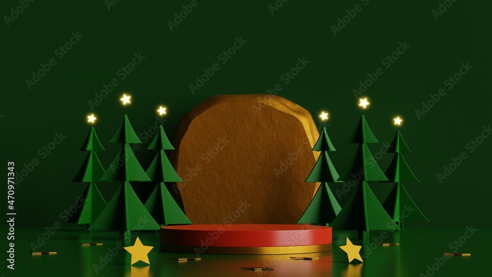 Poster minimal scene with red podium and pine trees on midnight green background.merry christmas and happy 