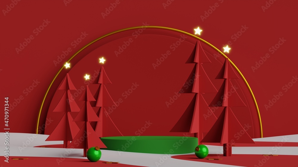Fototapete Minimal scene with green podium and pine trees on red background.Merry christmas and happy new year presentation.3d rendering illustration.
